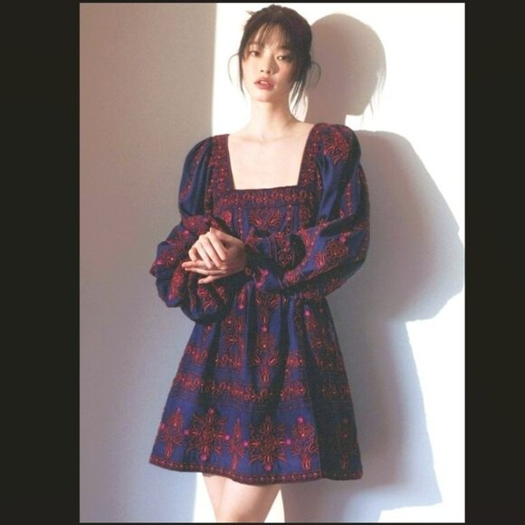 NWT Navy Petunia Embroidery Long Sleeve Square Neck Dress Size 2 by Sea New York - Picture 1 of 11